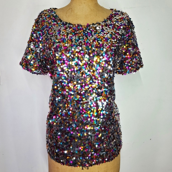 INC International Size 2X Blouse Short Sleeve Top Black Rainbow Sequins Festive - Picture 1 of 8